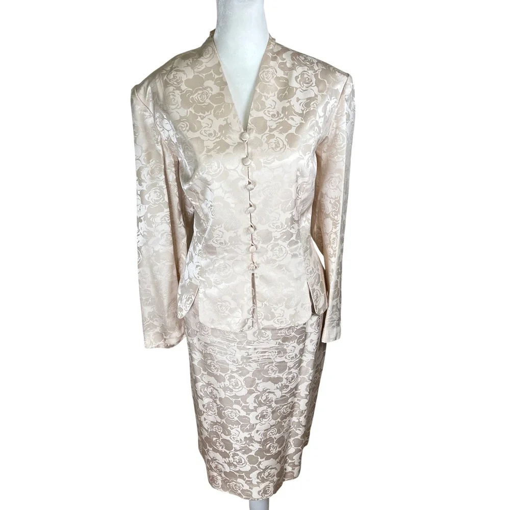Papell Petites Womens Pink Champagne 100% Silk Floral Jacquard Skirt Suit Set 14